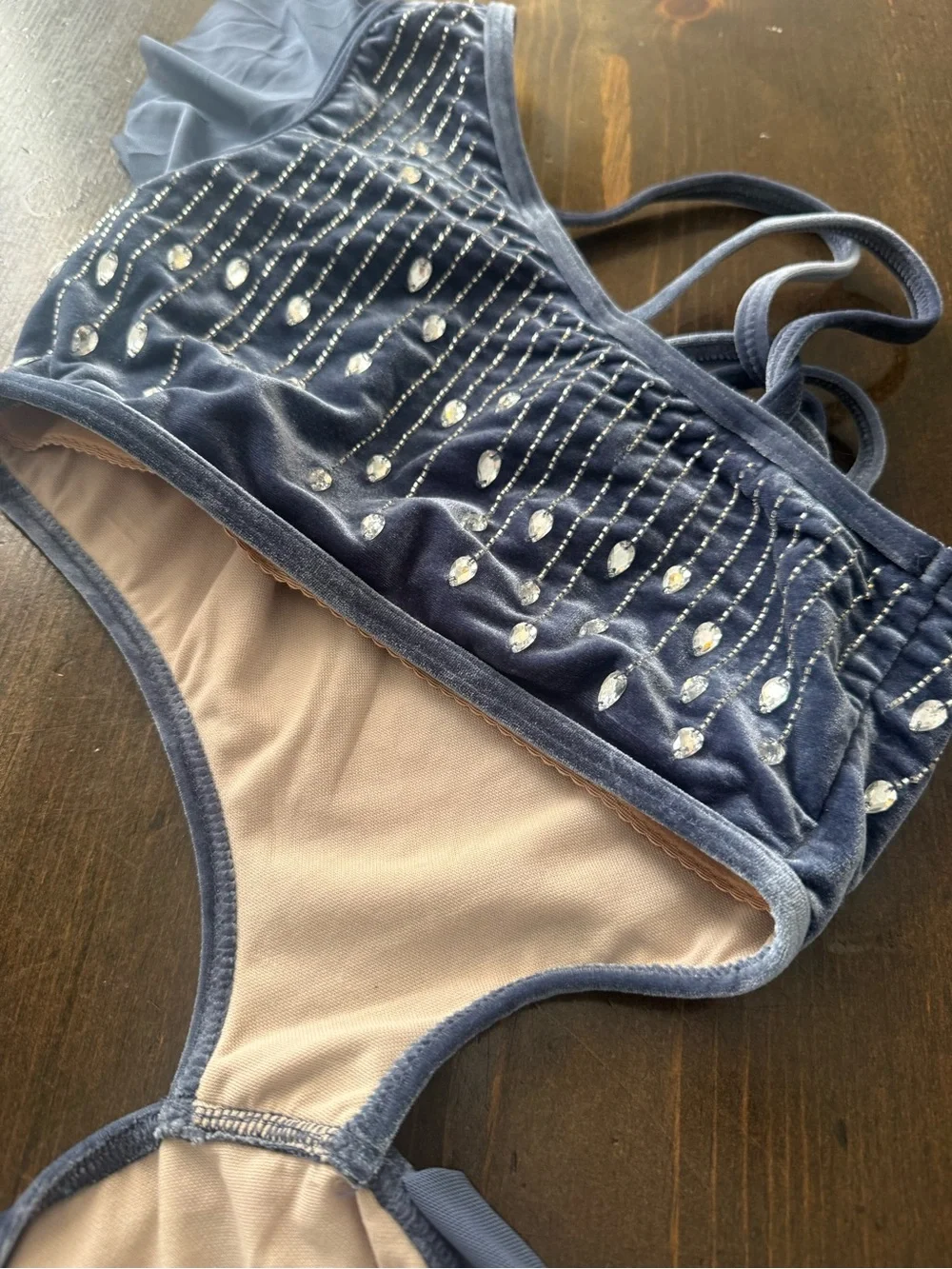 Weissman Dusty Blue Velvet One-Piece Dance Costume with Bead Embellishments